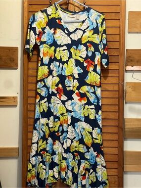 LOGO by Lori Goldstein Navy Floral V-Neck Maxi Dress